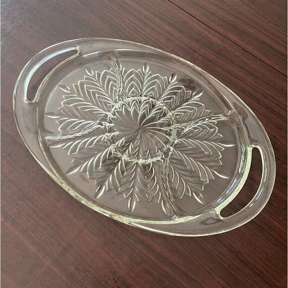 Jeanette Glass Feather 5 Section Handled Clear Glass RELISH TRAY - Vintage - Picture 1 of 3